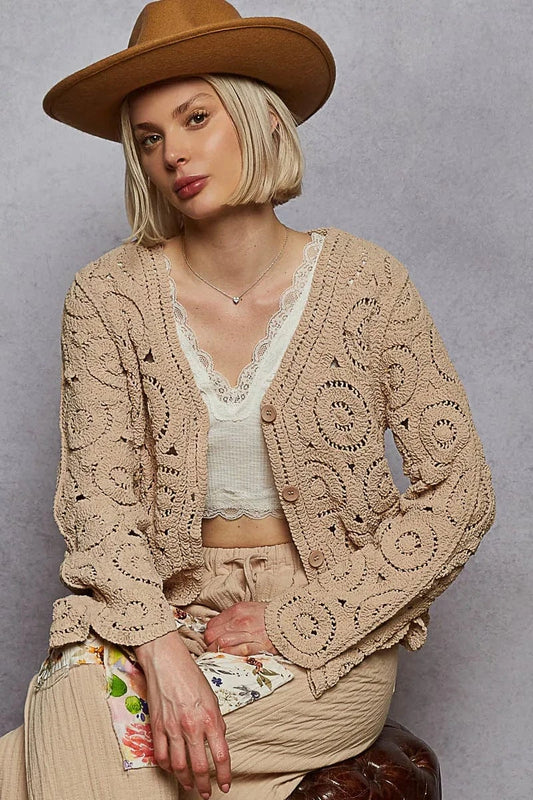 POL Button Down V-Neck Crochet Cardigan Camel / One Size The Nichole Collection