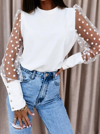 Polka Dot Mesh Sleeve Blouse White / S The Nichole Collection