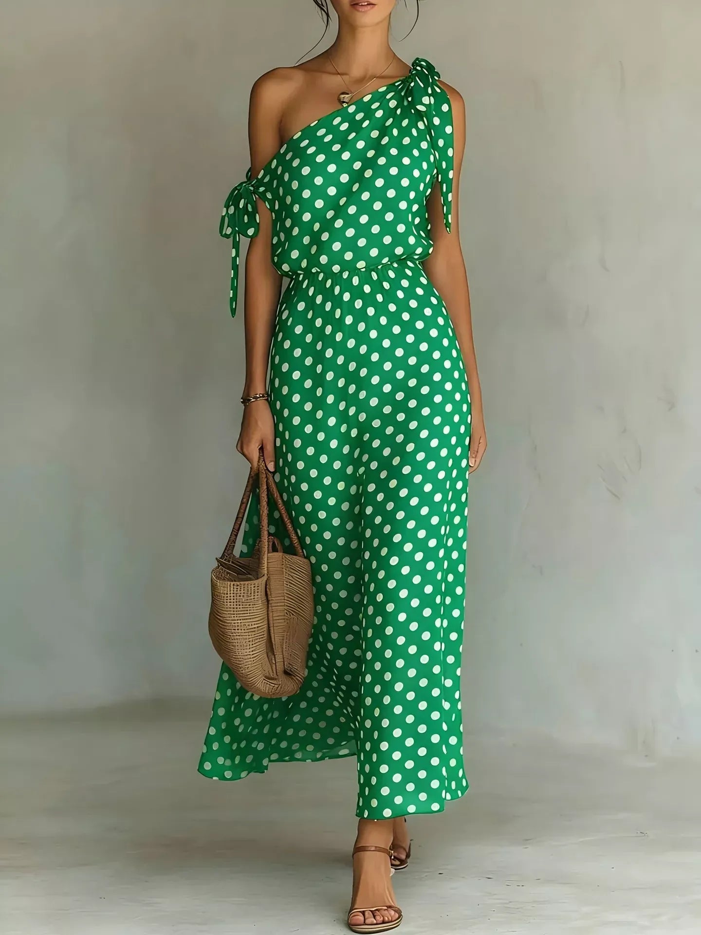 Polka Dot One-Shoulder Maxi Dress with Tie Green / S The Nicole Collection