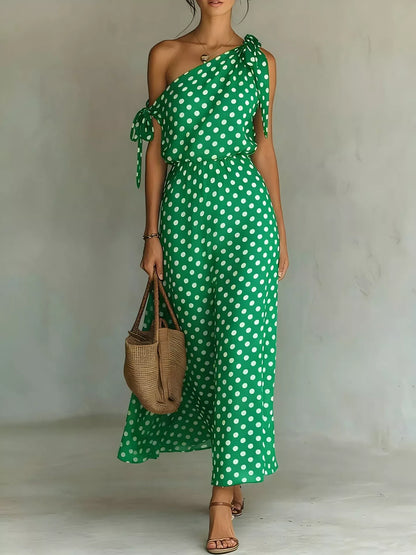 Polka Dot One-Shoulder Maxi Dress with Tie Green / S The Nicole Collection