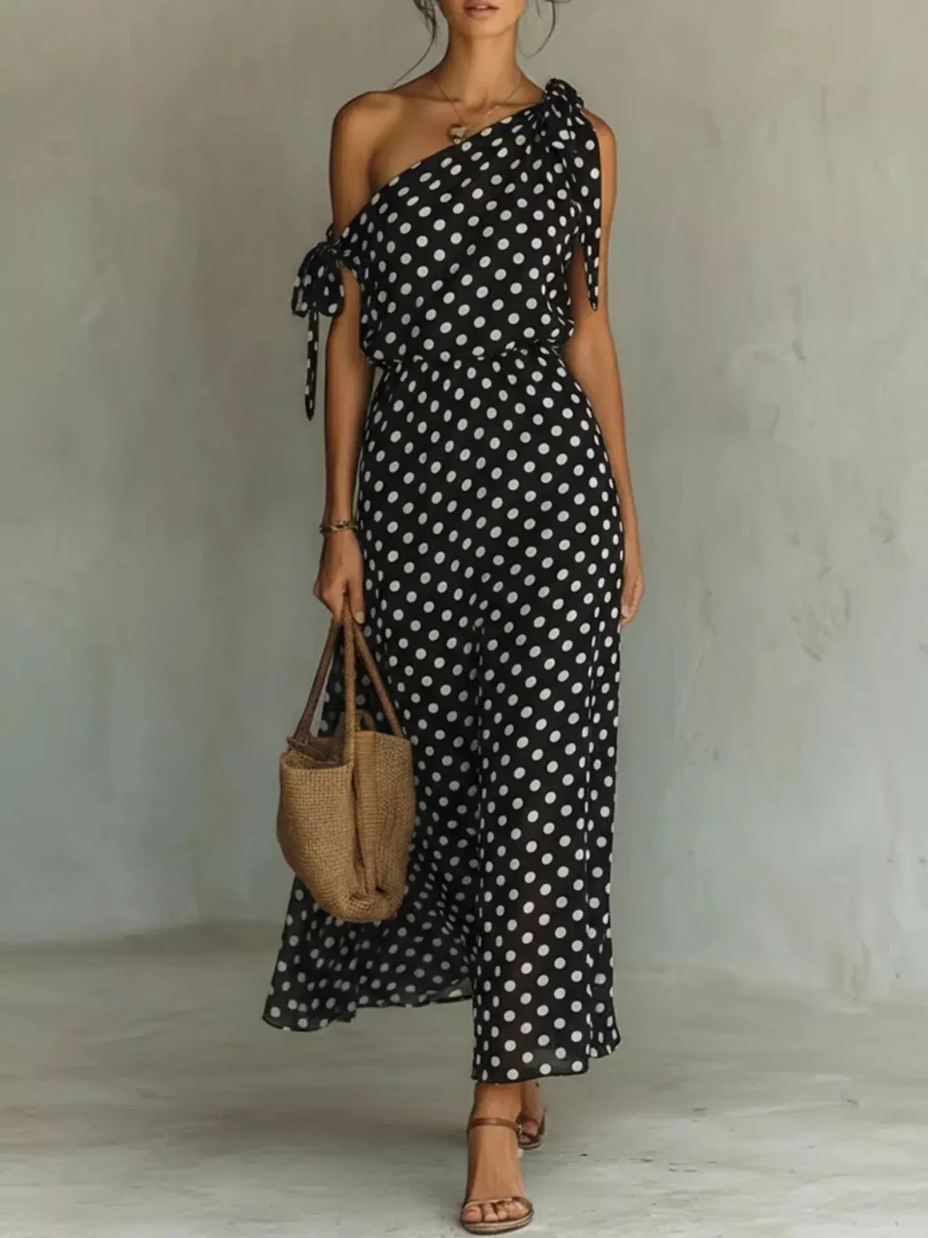 Polka Dot One-Shoulder Maxi Dress with Tie Black / S The Nicole Collection