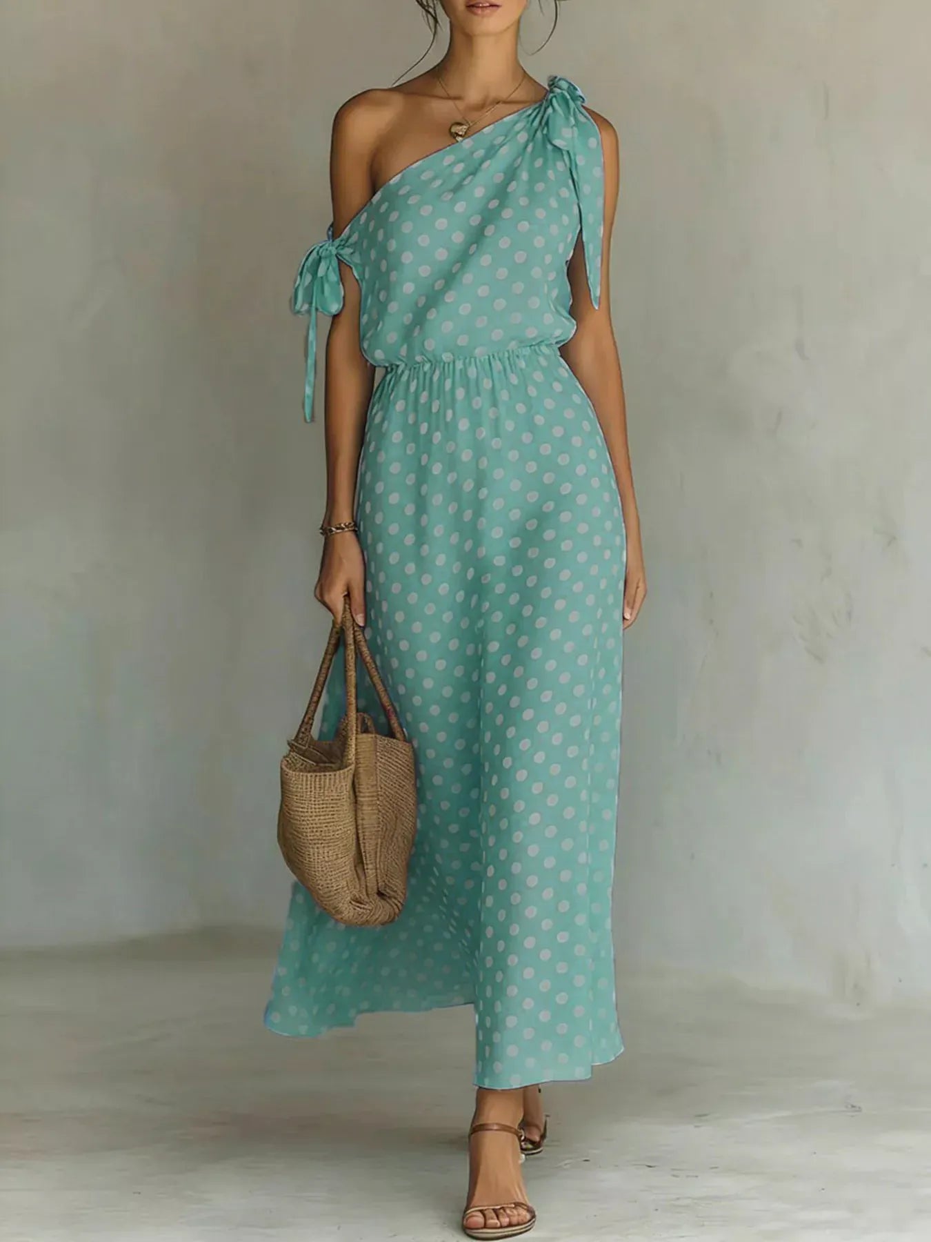Polka Dot One-Shoulder Maxi Dress with Tie Sage / S The Nicole Collection