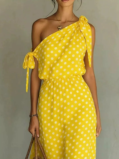 Polka Dot One-Shoulder Maxi Dress with Tie The Nicole Collection