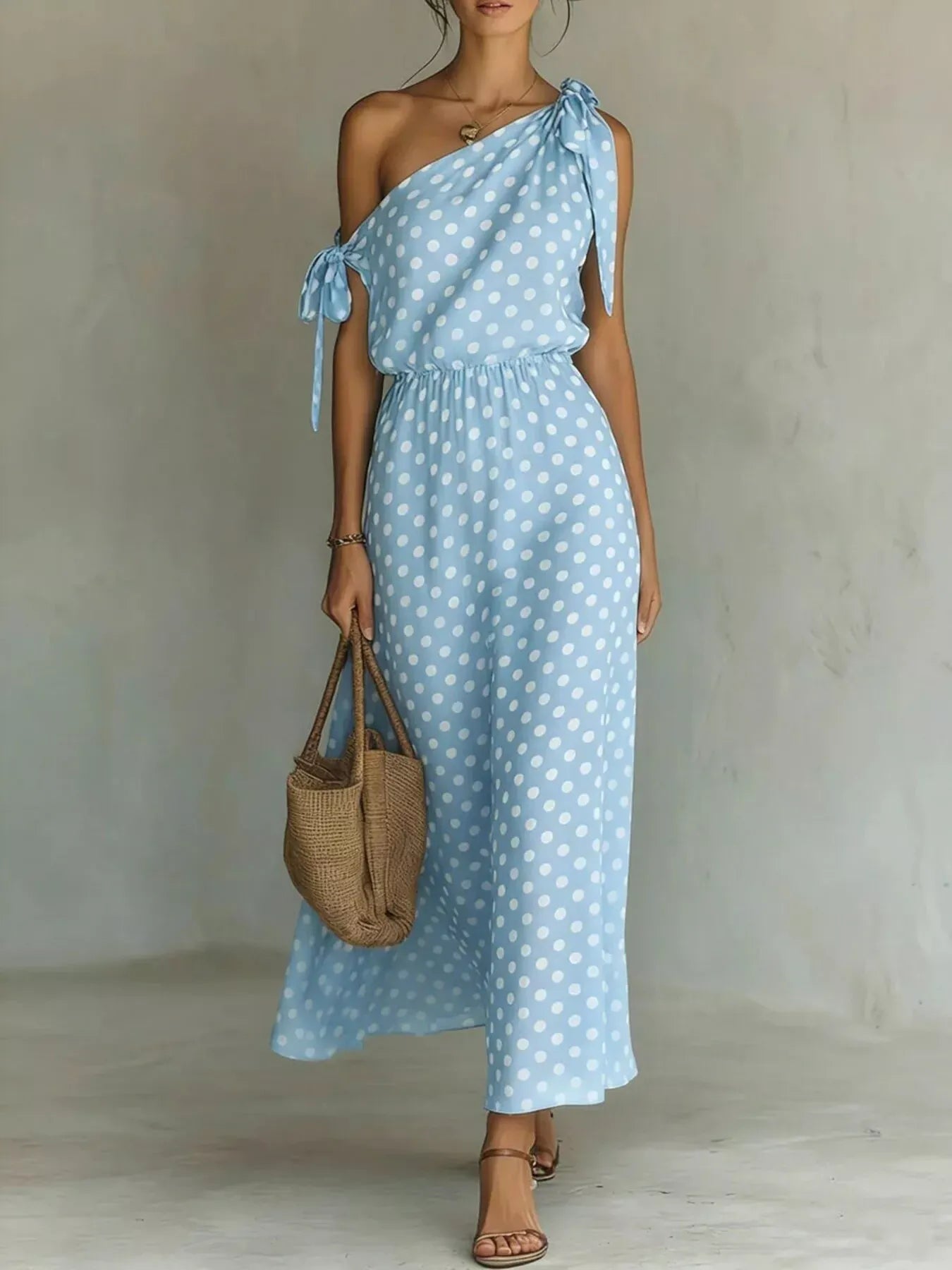 Polka Dot One-Shoulder Maxi Dress with Tie Sky Blue / S The Nicole Collection