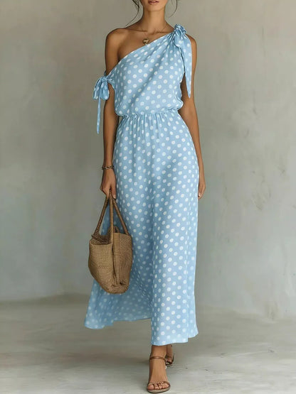 Polka Dot One-Shoulder Maxi Dress with Tie Sky Blue / S The Nicole Collection