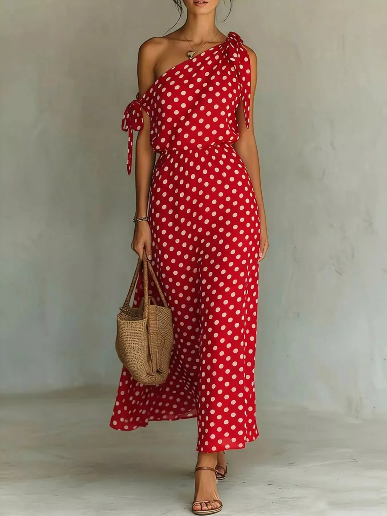 Polka Dot One-Shoulder Maxi Dress with Tie Red / S The Nicole Collection