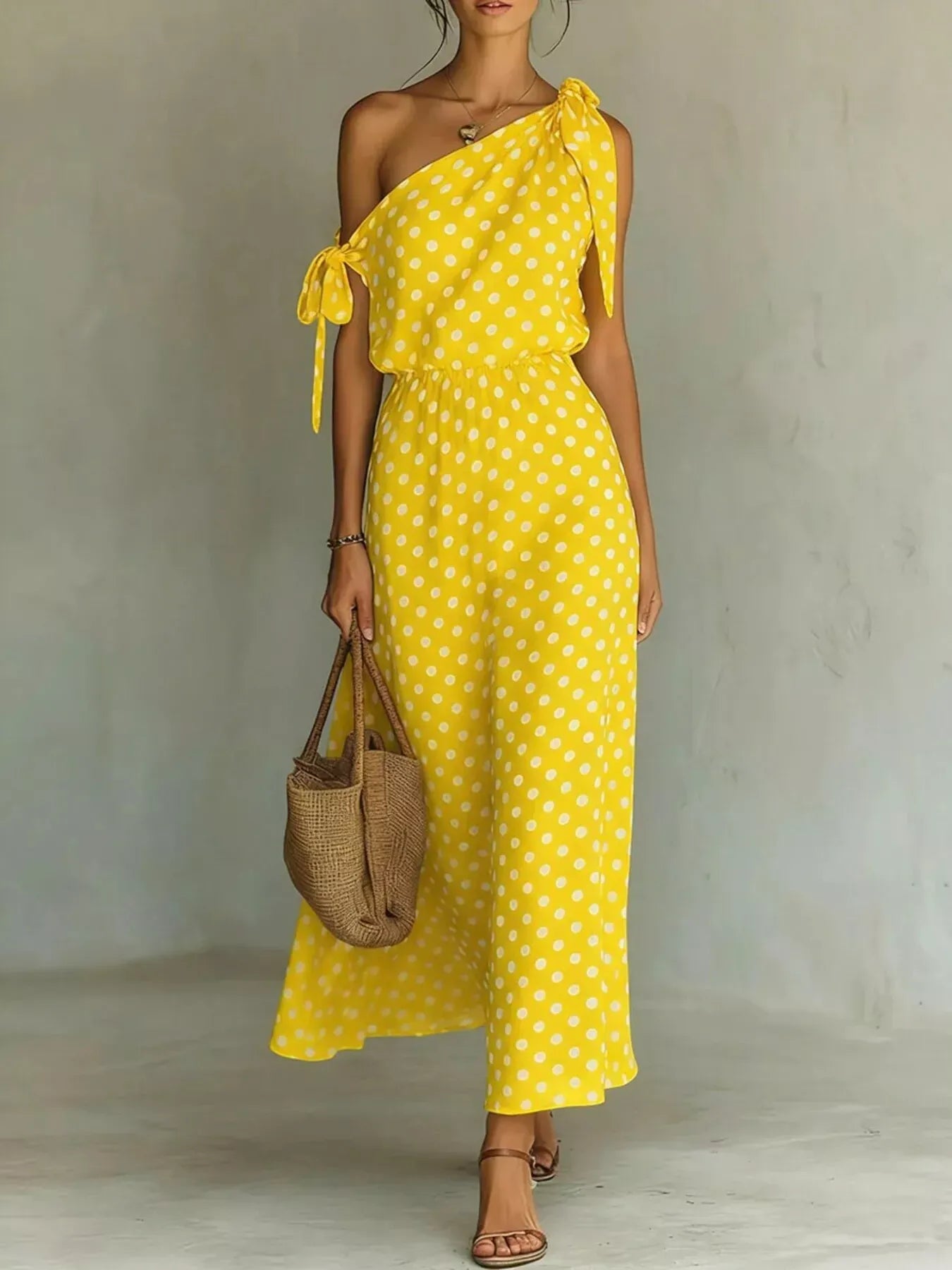 Polka Dot One-Shoulder Maxi Dress with Tie Yellow / S The Nicole Collection