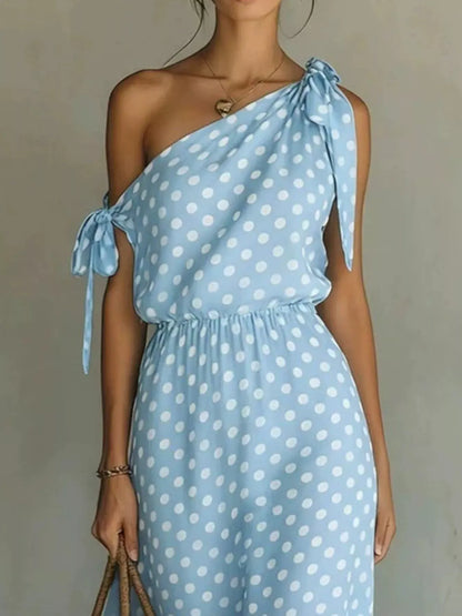 Polka Dot One-Shoulder Maxi Dress with Tie The Nicole Collection