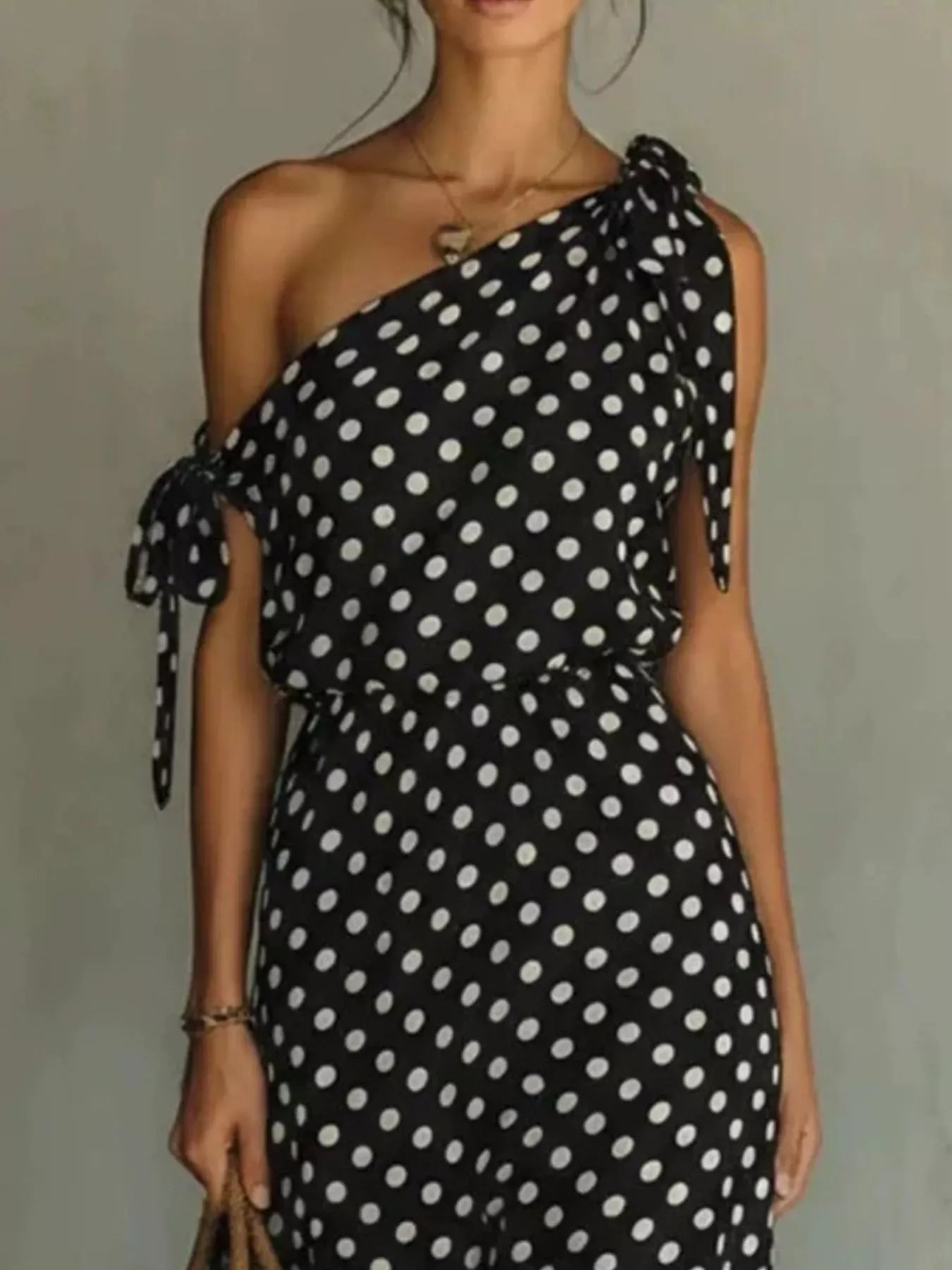 Polka Dot One-Shoulder Maxi Dress with Tie The Nicole Collection