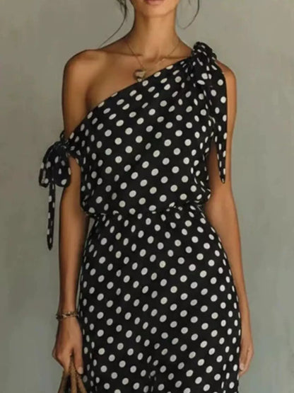 Polka Dot One-Shoulder Maxi Dress with Tie The Nicole Collection