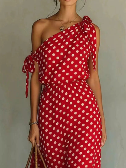 Polka Dot One-Shoulder Maxi Dress with Tie The Nicole Collection