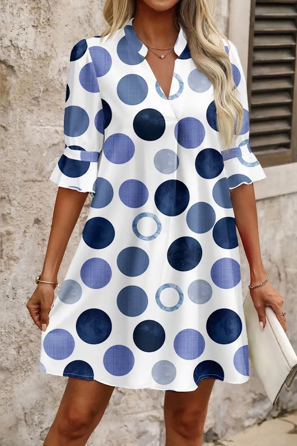 Polka Dot Print Flounced Half Sleeve Casual Vacation Style Mini Dress Dusty Blue / S The Nichole Collection - Official Site