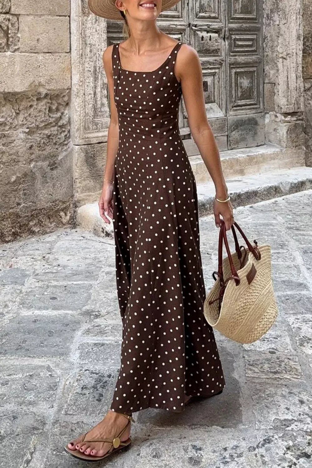 Polka Dot Print Square Neck Sleeveless Vacation Maxi Dress The Nichole Collection