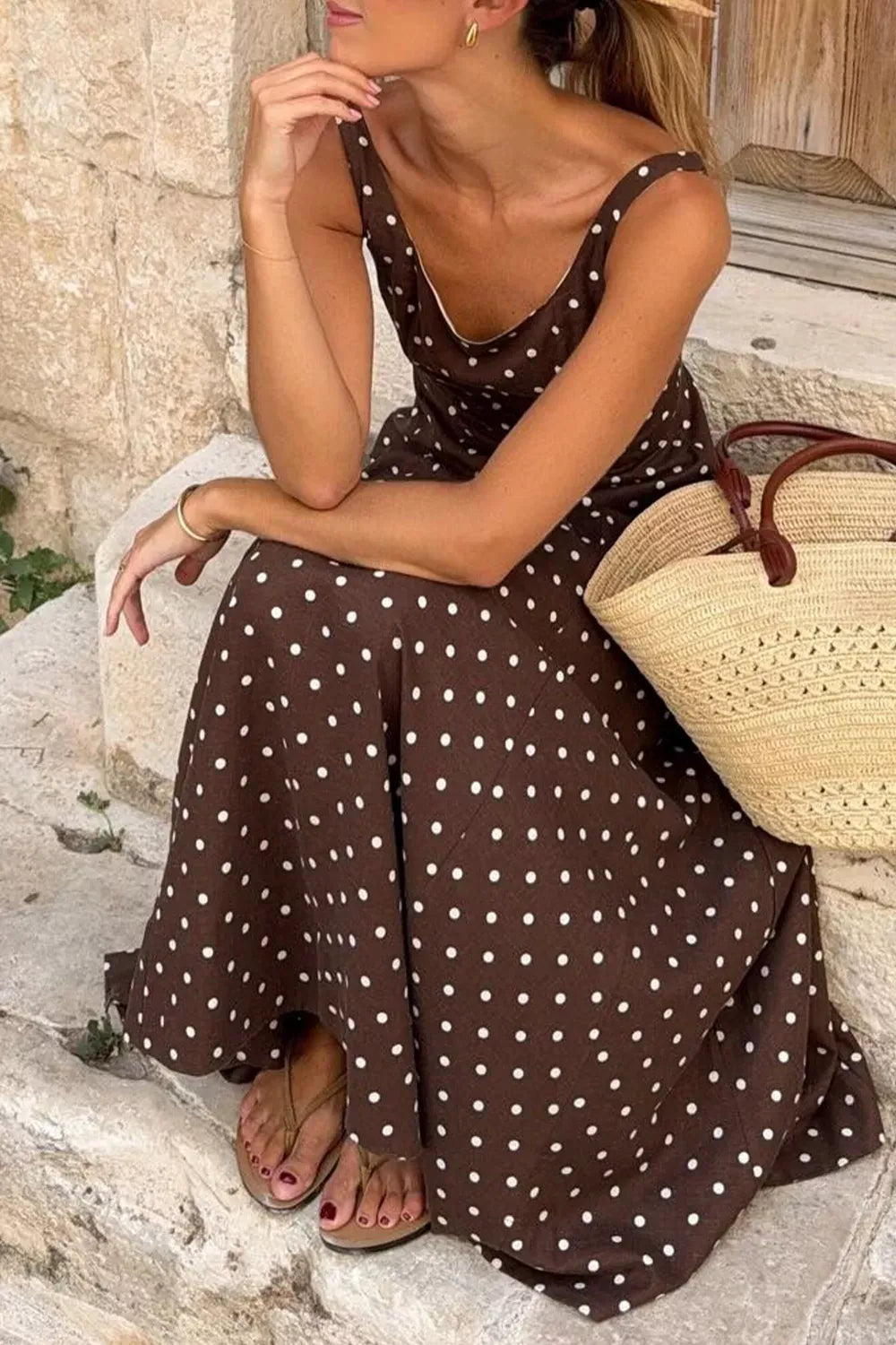 Polka Dot Print Square Neck Sleeveless Vacation Maxi Dress The Nichole Collection