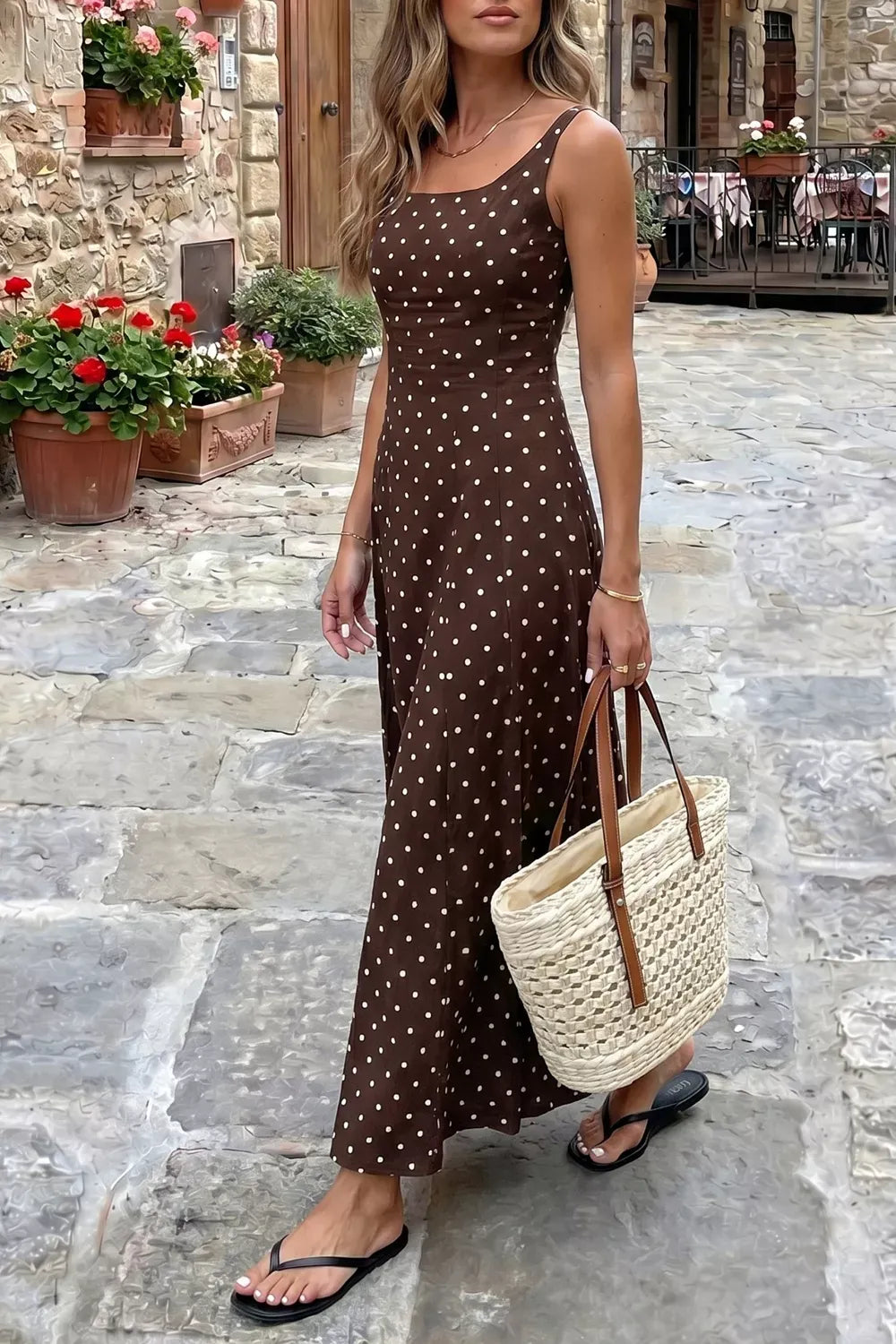 Polka Dot Print Square Neck Sleeveless Vacation Maxi Dress The Nichole Collection