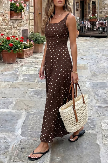 Polka Dot Print Square Neck Sleeveless Vacation Maxi Dress The Nichole Collection