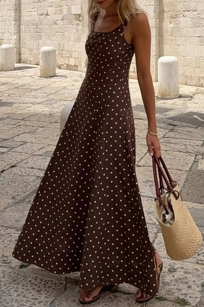 Polka Dot Print Square Neck Sleeveless Vacation Maxi Dress Coffee Brown / S The Nichole Collection