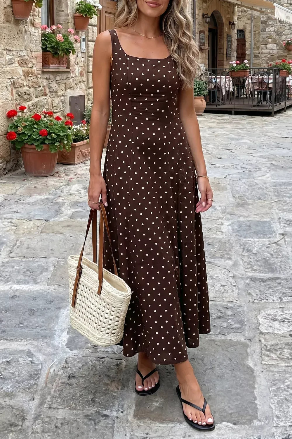 Polka Dot Print Square Neck Sleeveless Vacation Maxi Dress The Nichole Collection