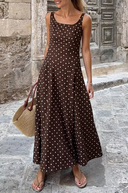 Polka Dot Print Square Neck Sleeveless Vacation Maxi Dress The Nichole Collection