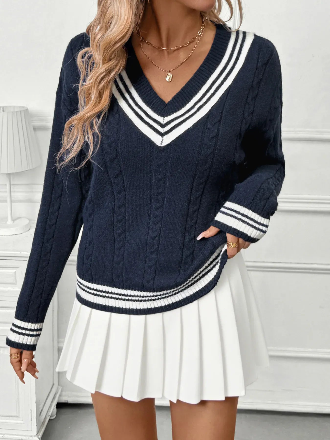 Preppy Contrast Stripe V-Neck Sweater The Nichole Collection - Official Site
