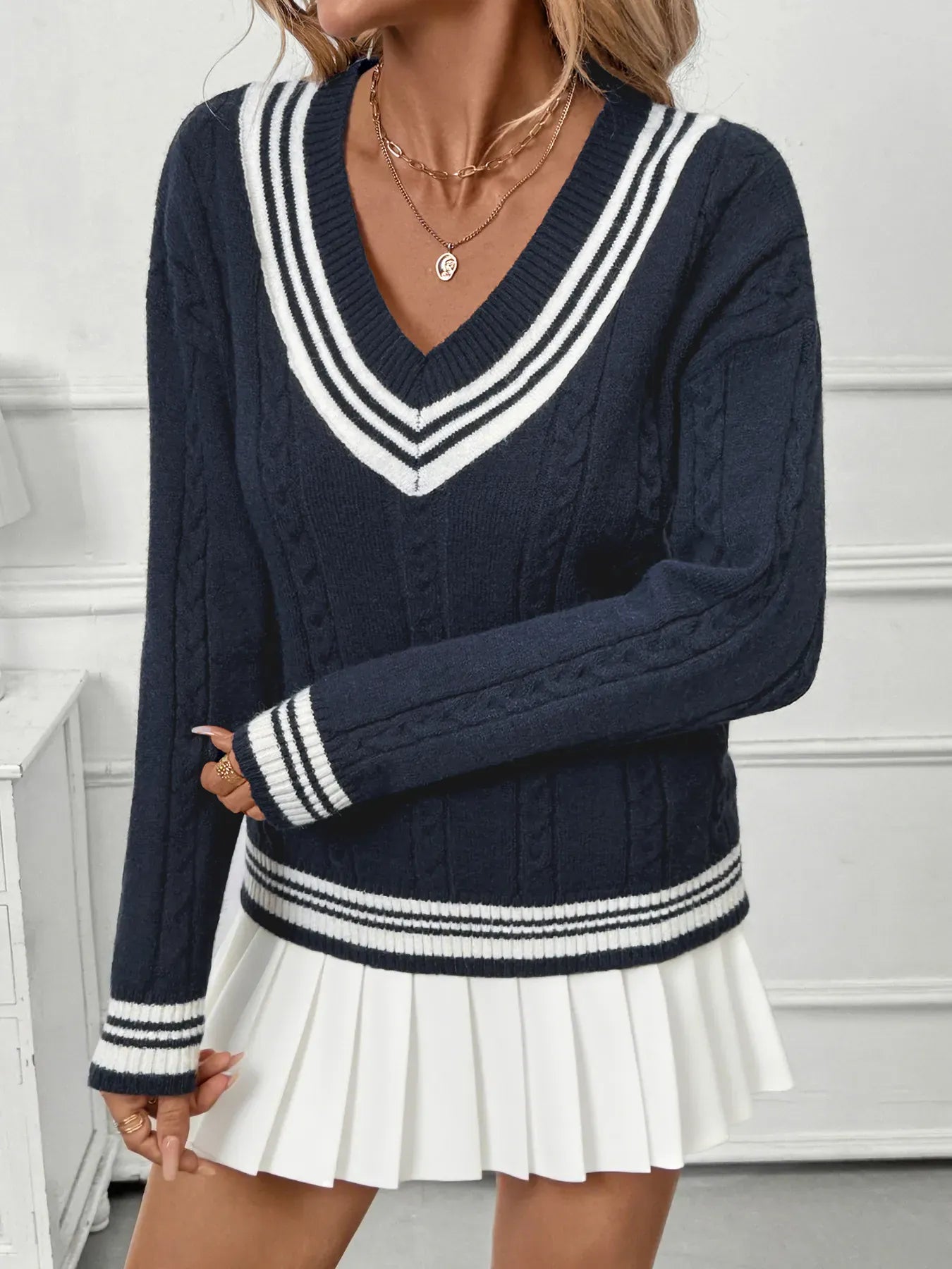 Preppy Contrast Stripe V-Neck Sweater The Nichole Collection - Official Site