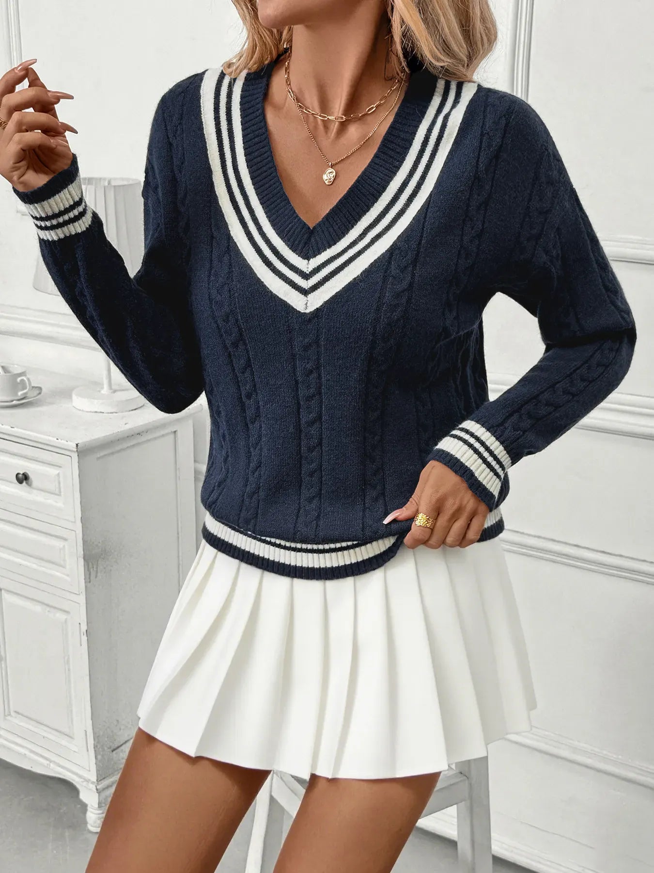 Preppy Contrast Stripe V-Neck Sweater The Nichole Collection - Official Site