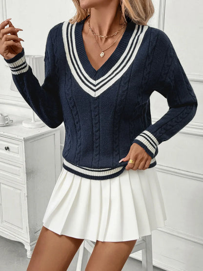 Preppy Contrast Stripe V-Neck Sweater The Nichole Collection - Official Site