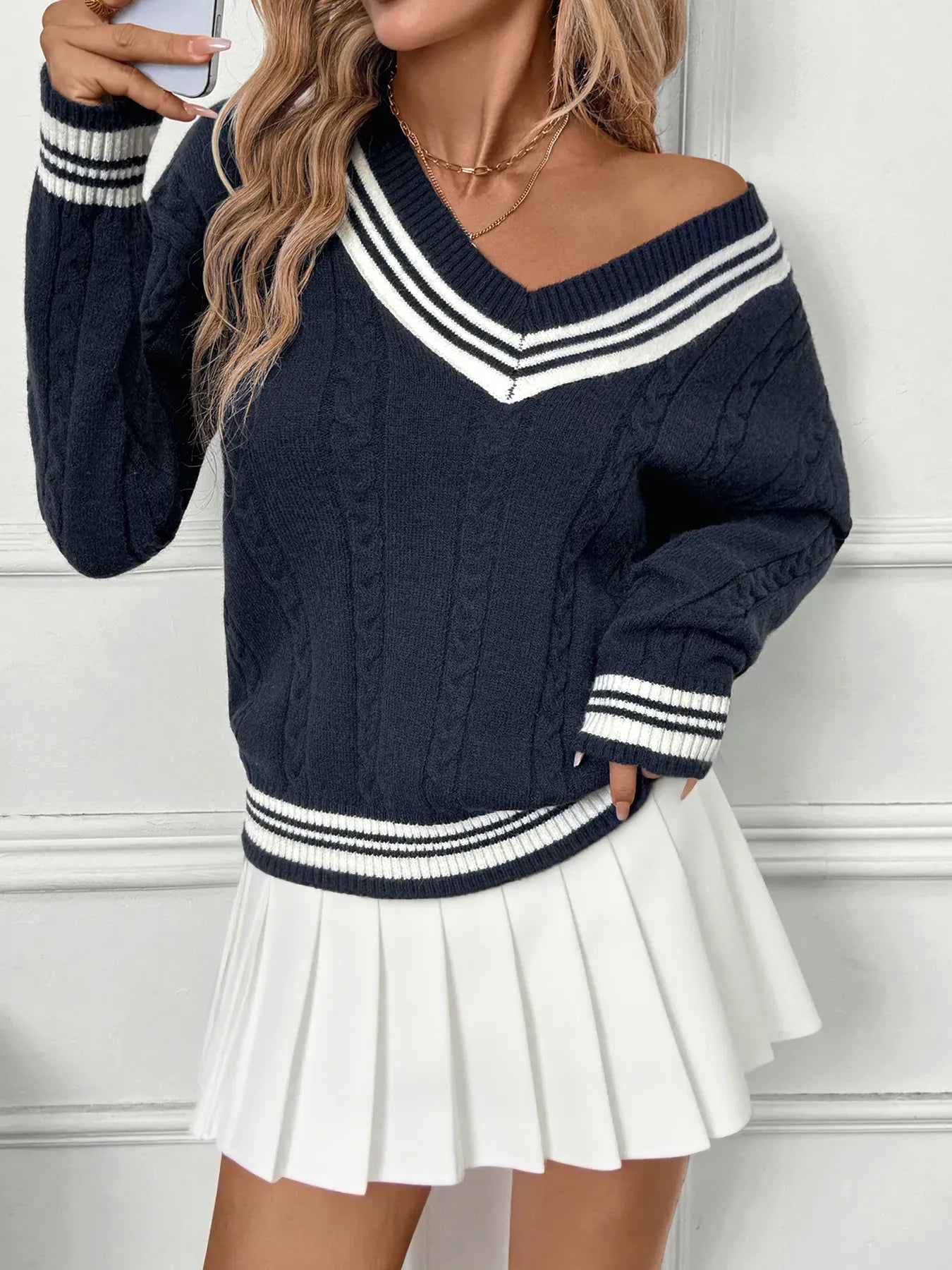 Preppy Contrast Stripe V-Neck Sweater Dark Blue / S The Nichole Collection - Official Site
