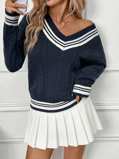 Preppy Contrast Stripe V-Neck Sweater Dark Blue / S The Nichole Collection - Official Site
