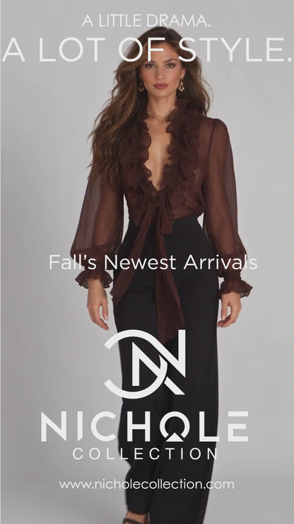 Sheer Ruffled Lace-Up Lantern-Sleeve Blouse