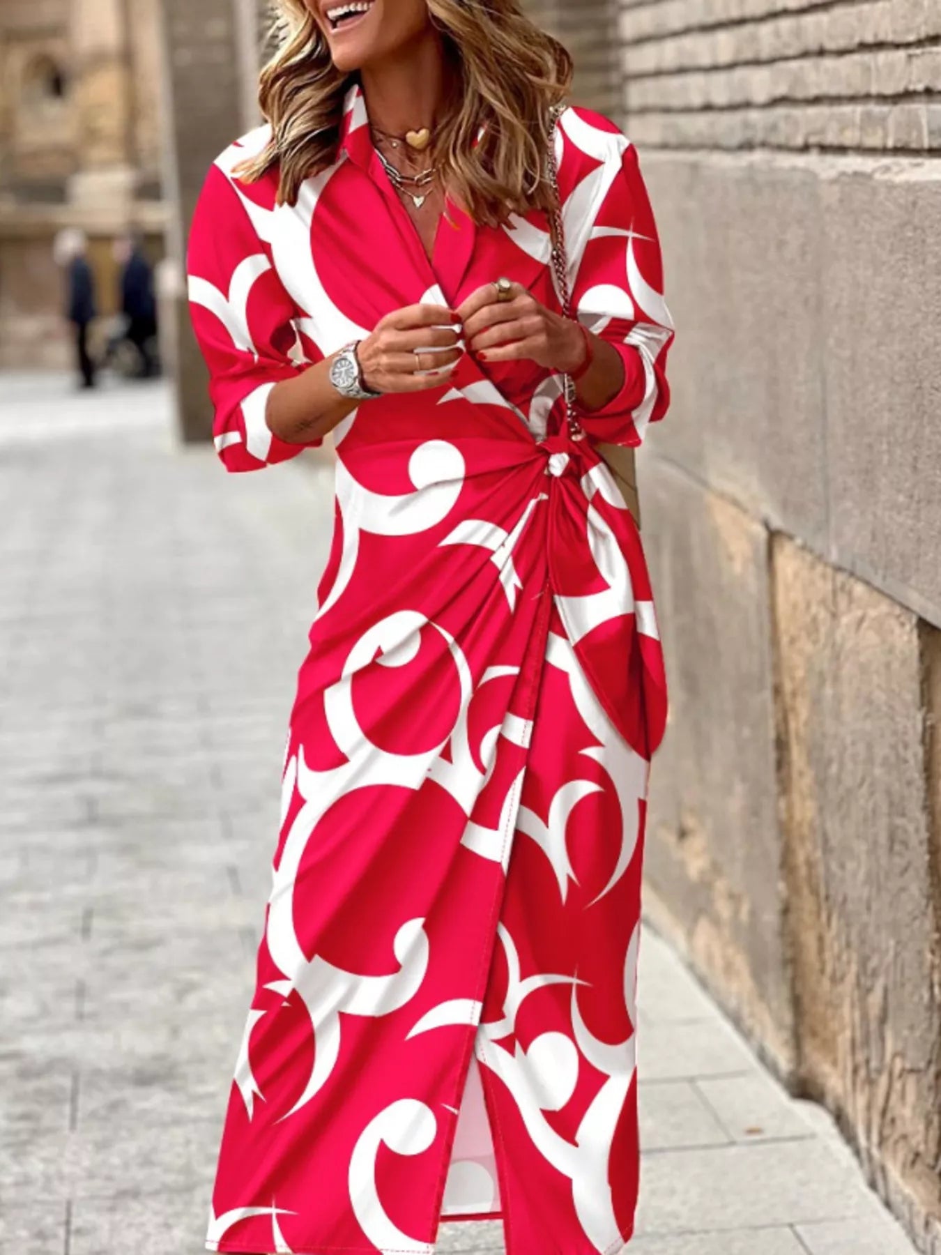Printed Collared Neck Shirt Dress Red / S THE NICHOLE COLLECTION - Official Site