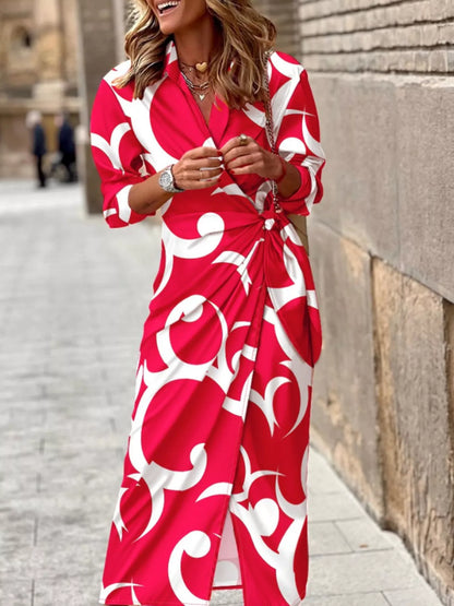 Printed Collared Neck Shirt Dress Red / S THE NICHOLE COLLECTION - Official Site