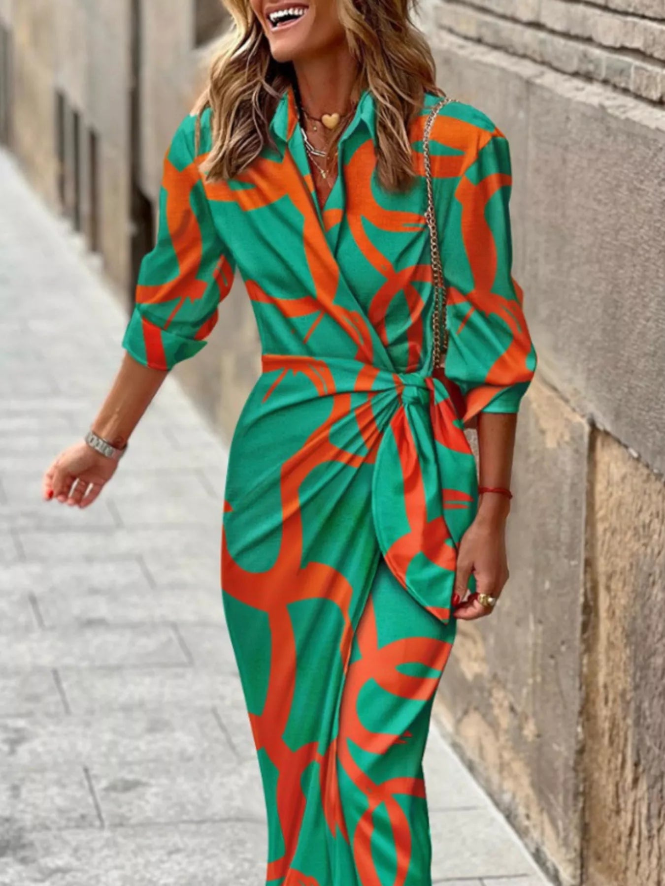 Printed Collared Neck Shirt Dress Green / S THE NICHOLE COLLECTION - Official Site