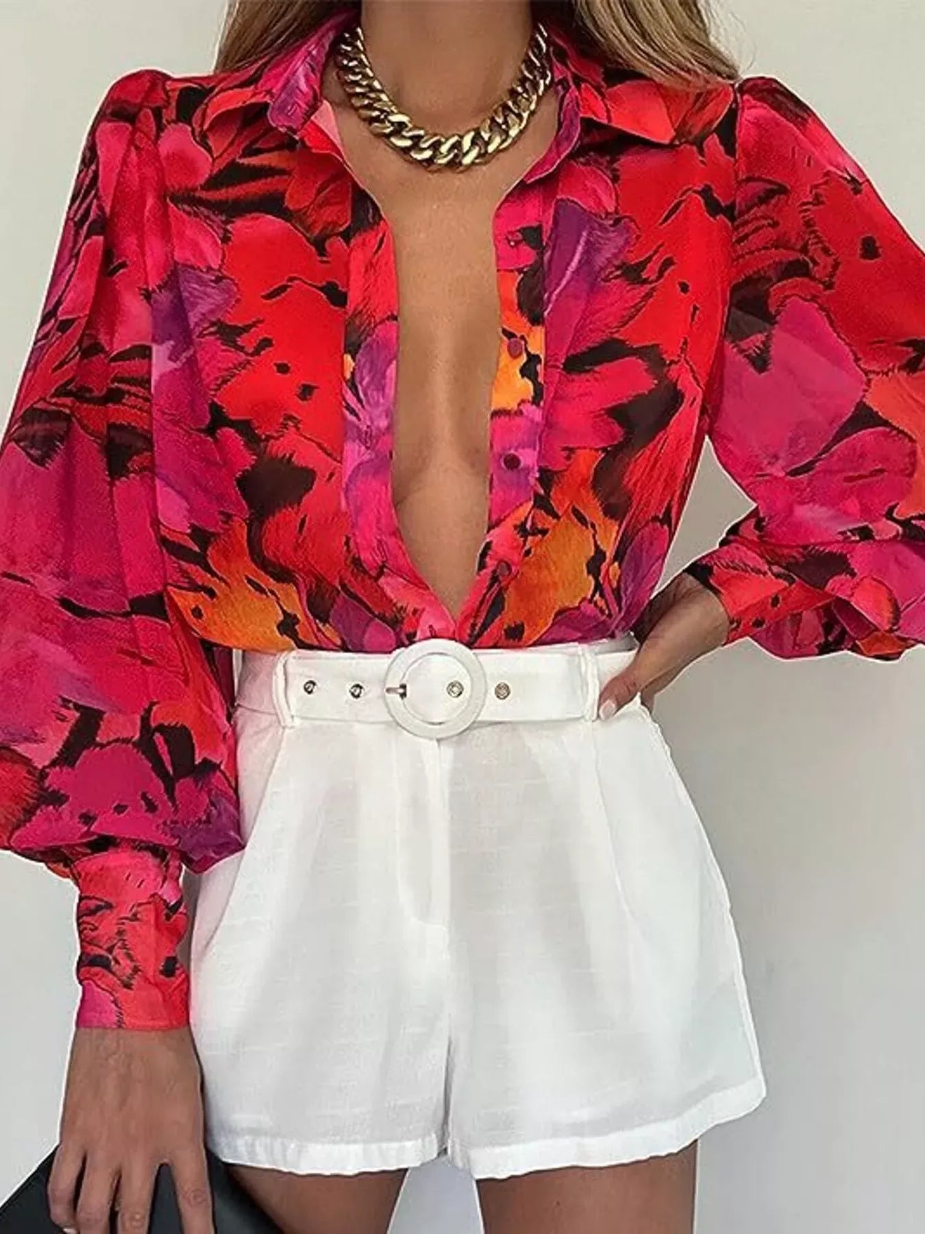 Printed Lantern Sleeve Shirt Deep Red / S The Nichole Collection