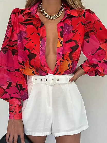 Printed Lantern Sleeve Shirt Deep Red / S The Nichole Collection