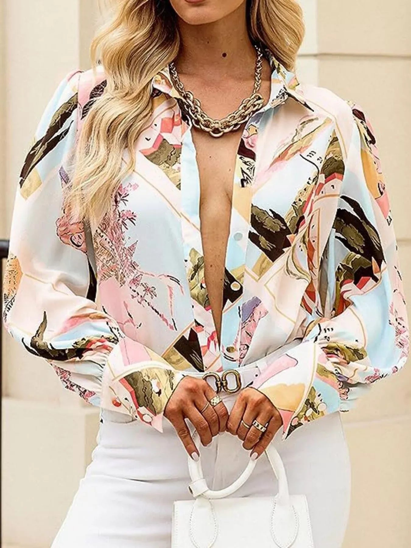 Printed Lantern Sleeve Shirt The Nichole Collection
