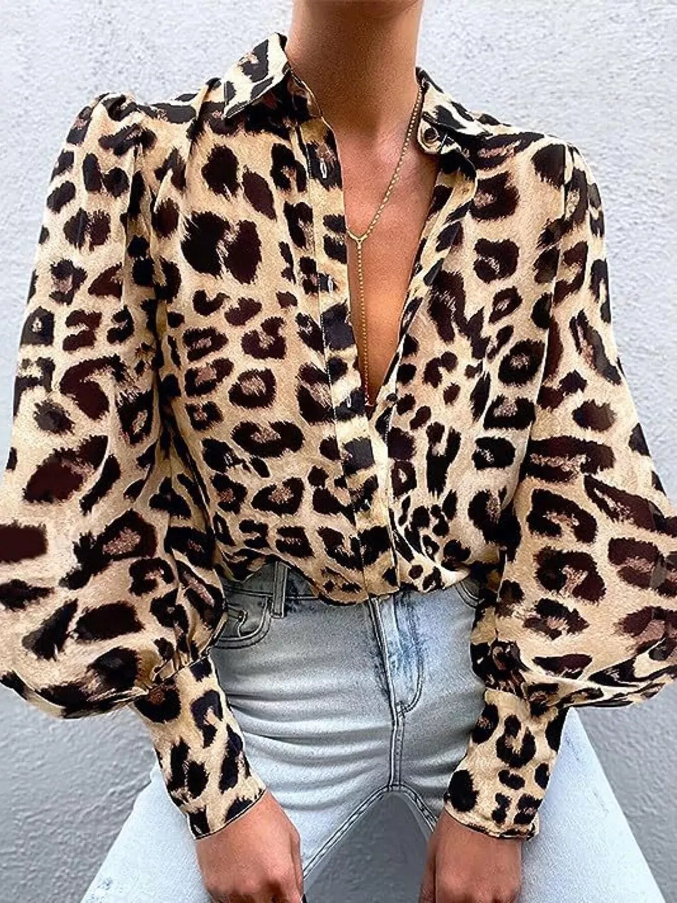 Printed Lantern Sleeve Shirt Leopard / S The Nichole Collection