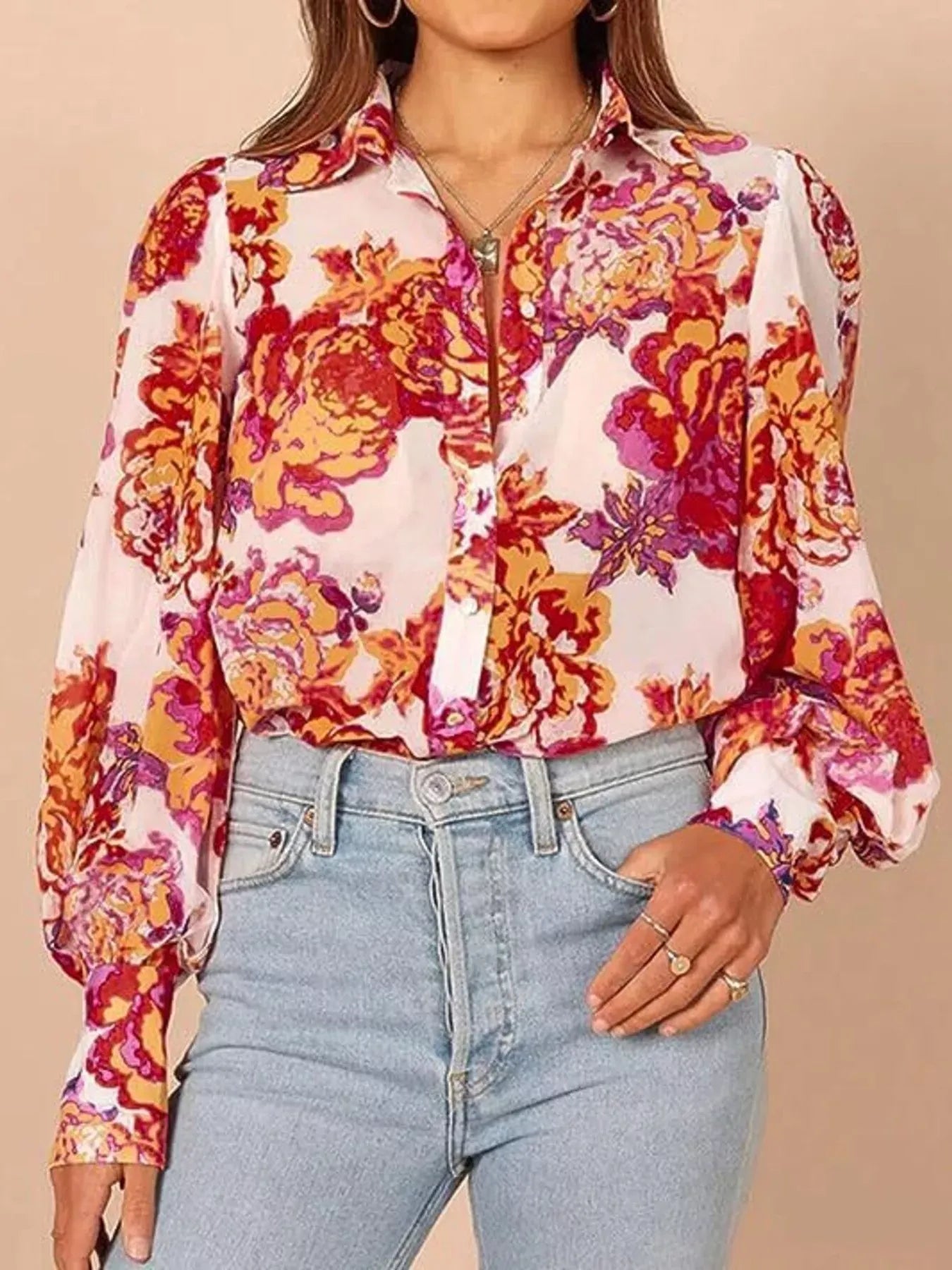 Printed Lantern Sleeve Shirt Floral / S The Nichole Collection