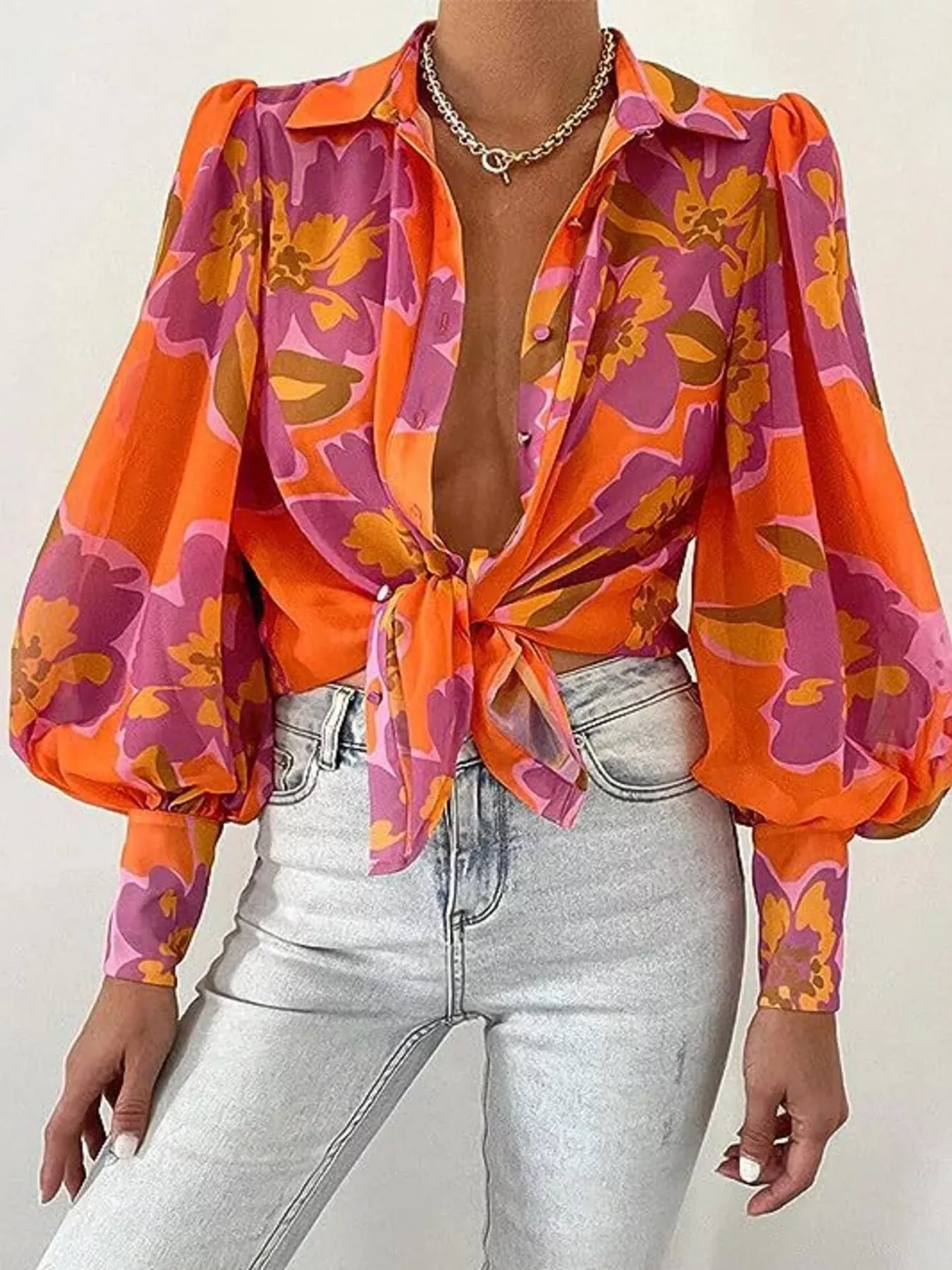 Printed Lantern Sleeve Shirt Orange / S The Nichole Collection