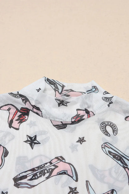 Printed Mock Neck Long Sleeve Bodysuit Mesh The Nichole Collection