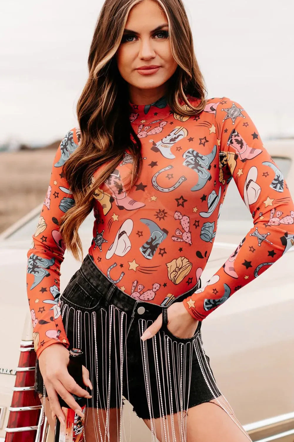 Printed Mock Neck Long Sleeve Bodysuit Mesh The Nichole Collection