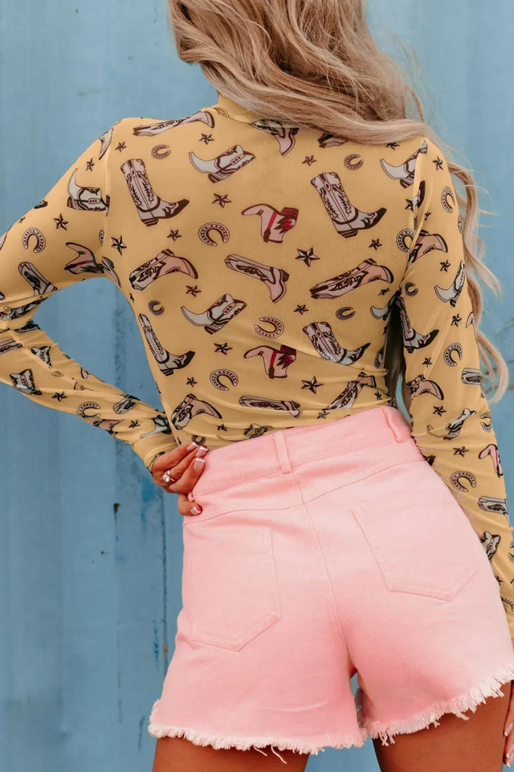 Printed Mock Neck Long Sleeve Bodysuit Mesh The Nichole Collection