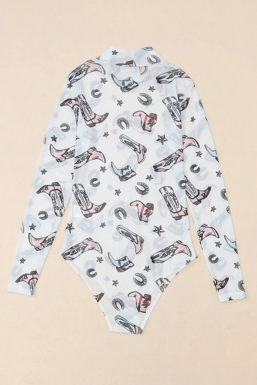 Printed Mock Neck Long Sleeve Bodysuit Mesh The Nichole Collection