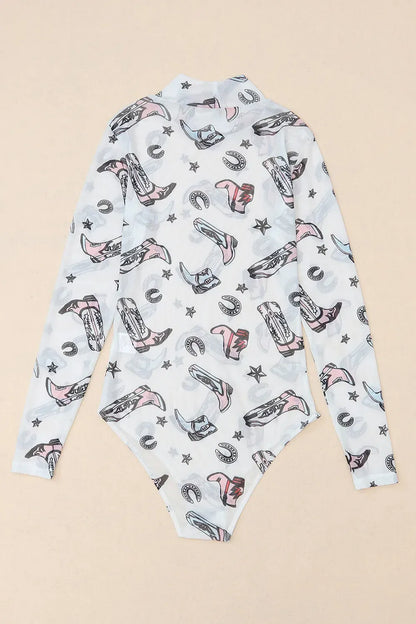 Printed Mock Neck Long Sleeve Bodysuit Mesh The Nichole Collection