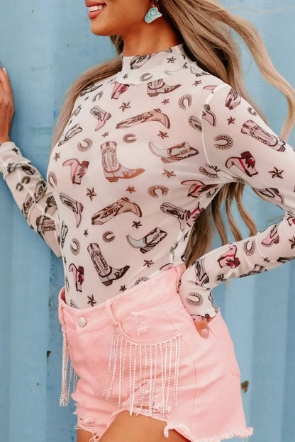 Printed Mock Neck Long Sleeve Bodysuit Mesh The Nichole Collection