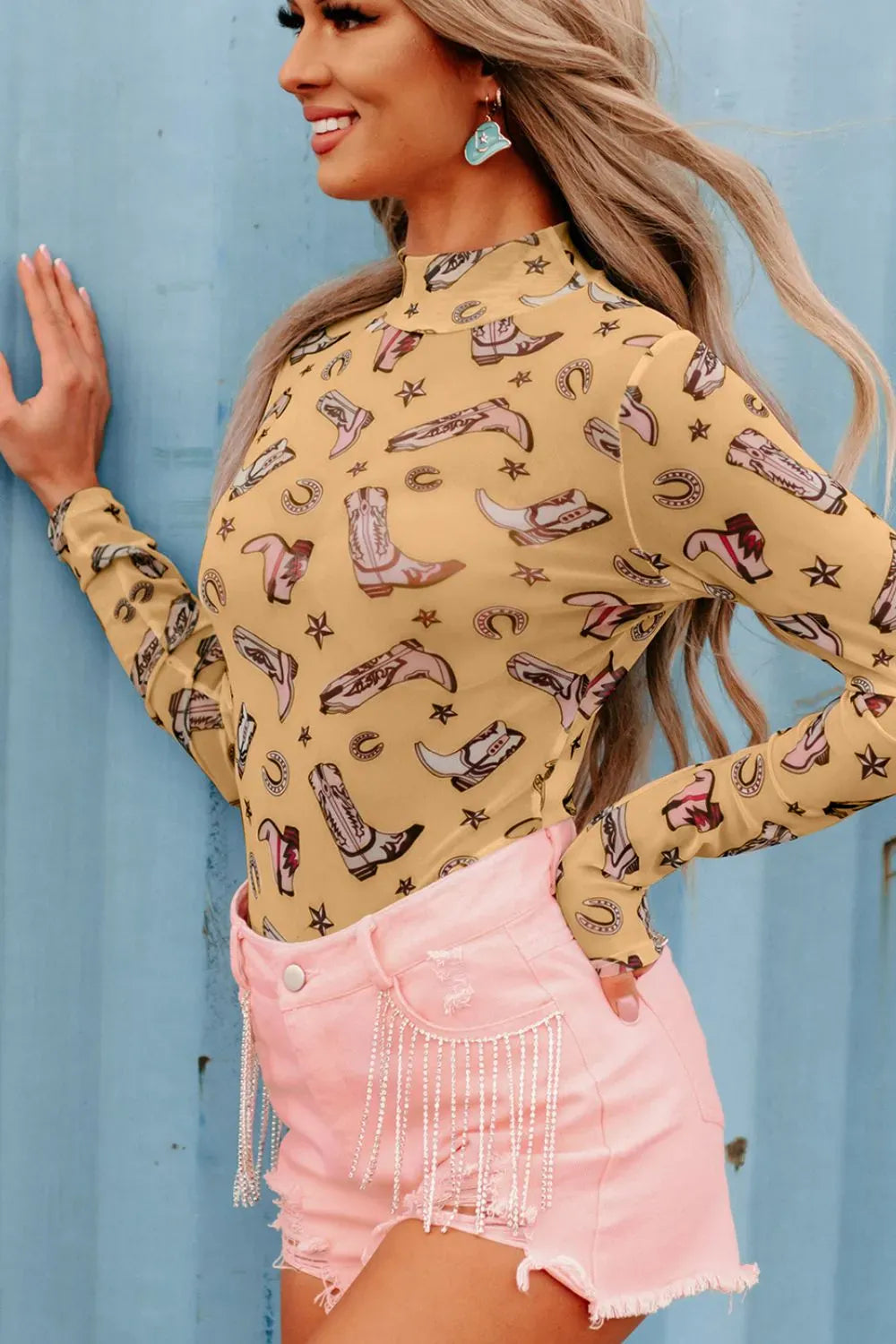 Printed Mock Neck Long Sleeve Bodysuit Mesh The Nichole Collection