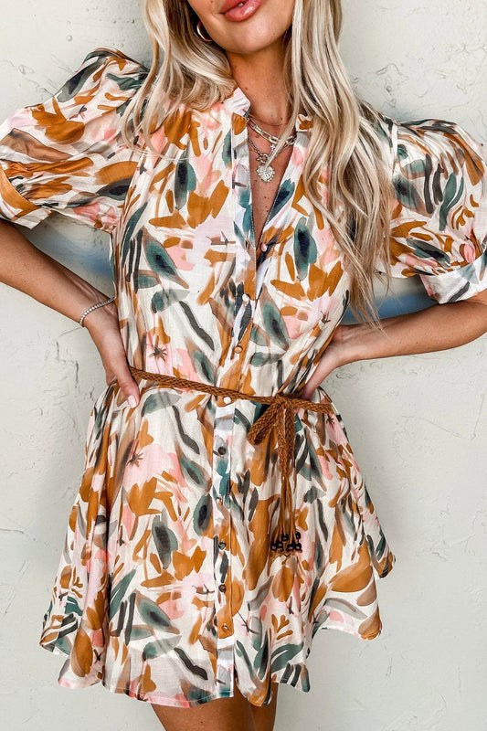 Printed Notched Short Sleeve Mini Dress Brown / S The Nichole Collection