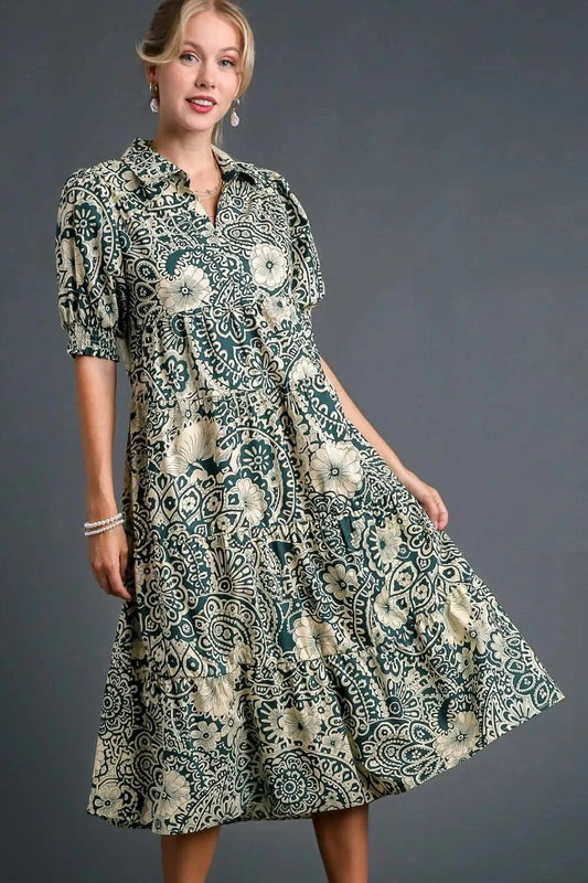 Printed Smocked Cuff Puff Sleeve Midi Dress Turquoise / S The Nichole Collection