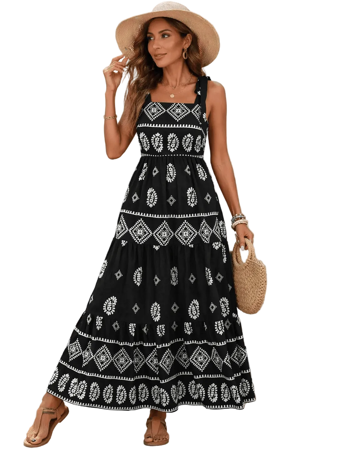 Printed Square Neck Maxi Cami Dress Black / S Maxi Dresses The Nichole Collection - Official Site
