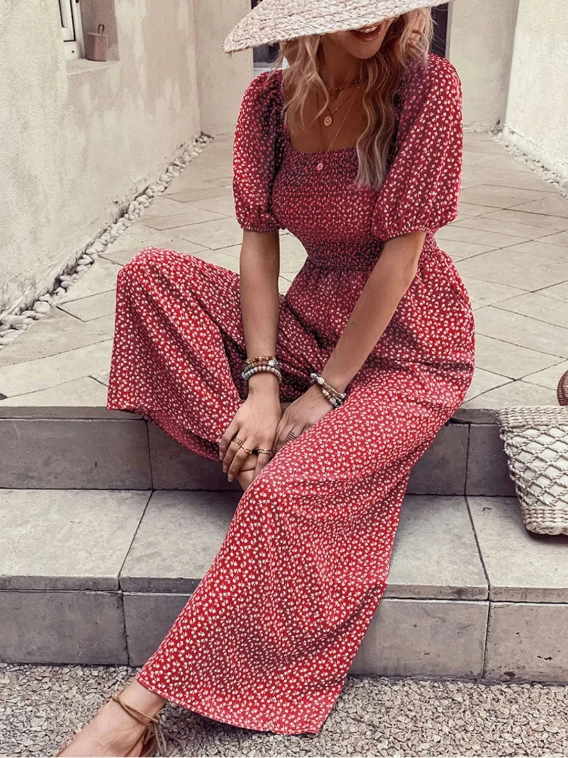 Printed Square Neck Puff Sleeve Jumpsuit The Nichole Collection